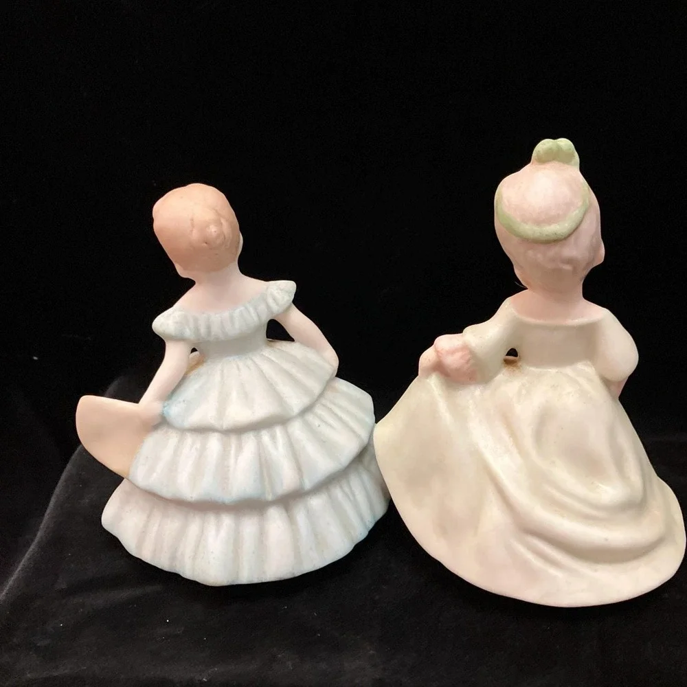 VTG 1960s Mallory Ceramic Figurine Set 2 Blue & Yellow Southern Belle Hand Fans